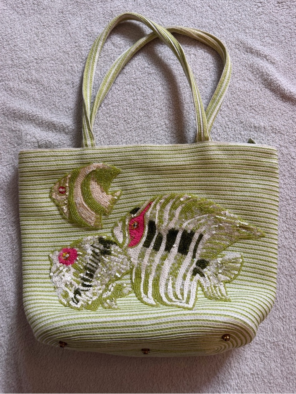 Eric Javitz | Green and White Straw Tote Sequin Fish Bag Resort Beach Purse - Picture 3 of 13